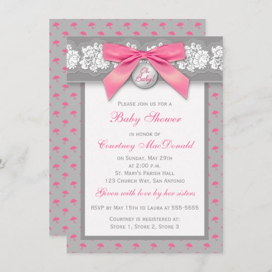 印刷された弓灰色の花のレースのベビーシャワーの招待 招待状 (正面/裏面)