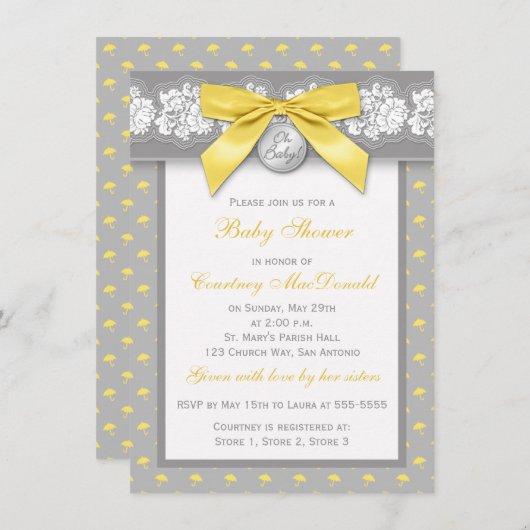印刷された弓灰色の花のレースのベビーシャワーの招待 招待状 (正面/裏面)