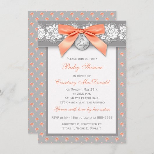 印刷された弓灰色の花のレースのベビーシャワーの招待 招待状 (正面/裏面)