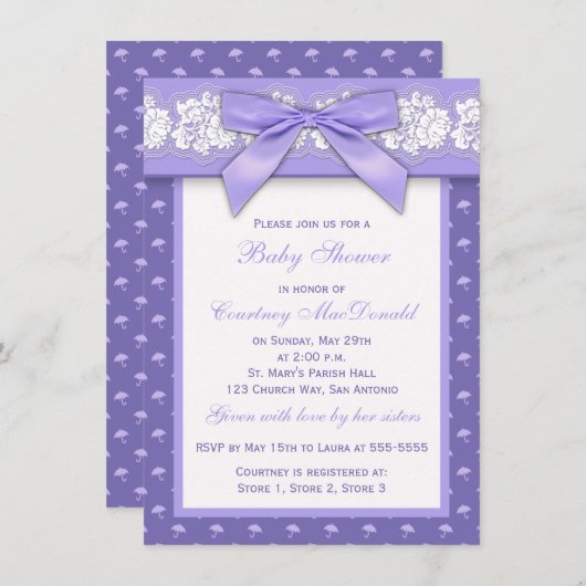 印刷された弓紫色の花のレースのベビーシャワーの招待 招待状 (正面/裏面)