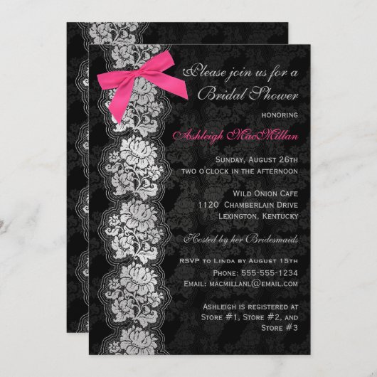 印刷された弓黒の花のレースのブライダルシャワーの招待 招待状 (正面/裏面)