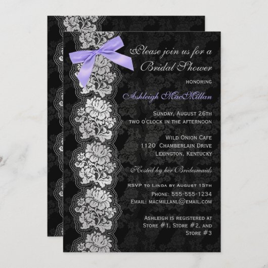 印刷された弓黒の花のレースのブライダルシャワーの招待 招待状 (正面/裏面)