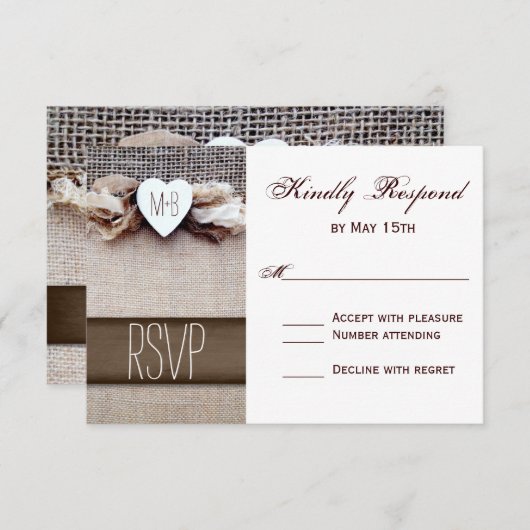 印刷された素朴BurlapハートイニシャルウェディングRSVP 出欠カード (正面/裏面)