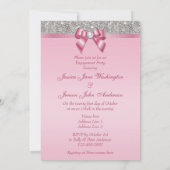 印刷された銀製のスパンコールのピンクの弓婚約パーティ 招待状 (裏面)