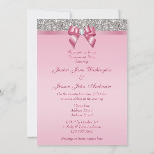 印刷された銀製のスパンコールのピンクの弓婚約パーティ 招待状 (裏面)