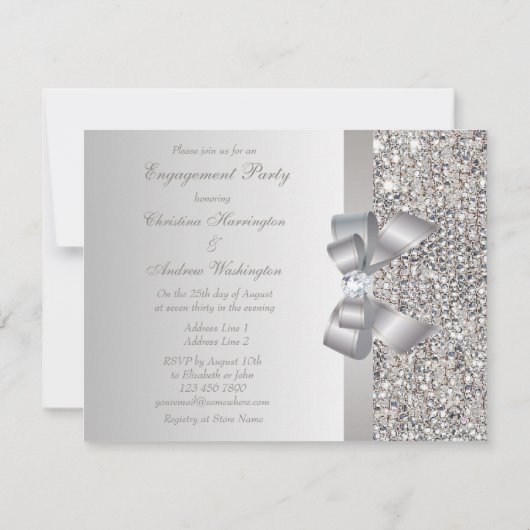 印刷された銀製のスパンコール、弓及びダイヤモンドの婚約 招待状 (裏面)