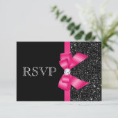 印刷された黒いスパンコールおよびショッキングピンクの弓RSVP 出欠カード (スタンド正面)