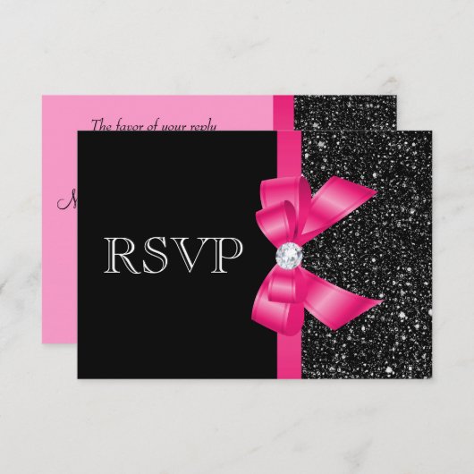 印刷された黒いスパンコールおよびショッキングピンクの弓RSVP 出欠カード (正面/裏面)