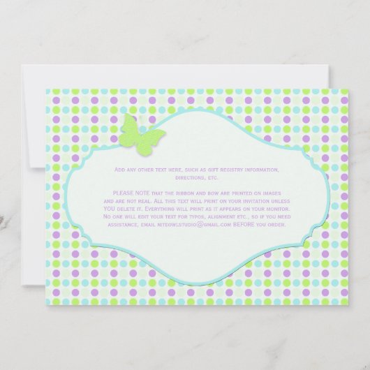 印刷されたBOW/Ribbonの紫色の水玉模様のベビーシャワー 招待状 (裏面)