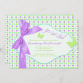 印刷されたBOW/Ribbonの紫色の水玉模様のベビーシャワー 招待状 (正面/裏面)