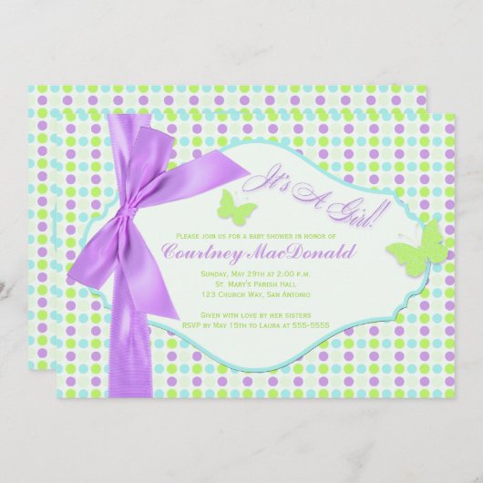 印刷されたBOW/Ribbonの紫色の水玉模様のベビーシャワー 招待状 (正面/裏面)