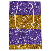 印刷される金ゴールドおよび紫色のグリッターのストライプ ミディアムペーパーバッグ (正面)