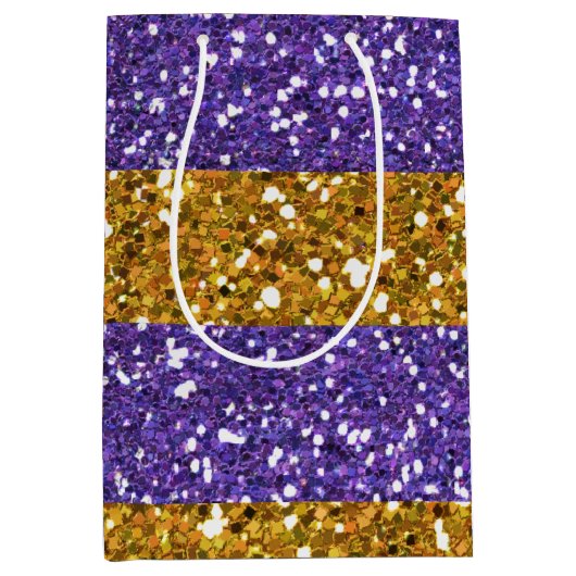 印刷される金ゴールドおよび紫色のグリッターのストライプ ミディアムペーパーバッグ (正面)