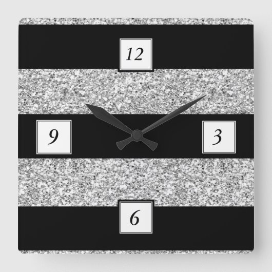 印刷される銀製のグリッターの魅力の黒のストライプ スクエア壁時計 (正面)