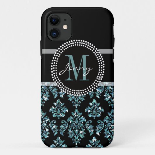 印刷される青いグリッターパーソナライズな黒いダマスク織 Case-Mate iPhoneケース (裏面)