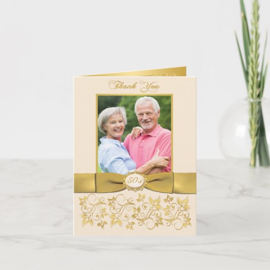 印刷のリボン アイボリー ゴールド フローラル サンクス カード (正面)