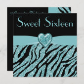 印刷ティール(緑がかった色)ハート&ゼブラグリッタースイート16 招待状 (正面/裏面)