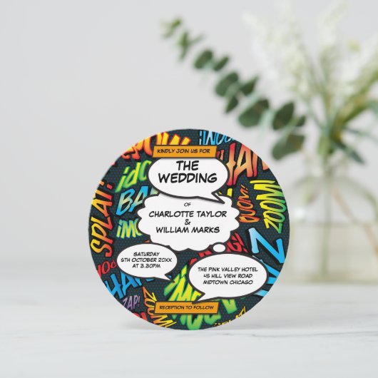 印刷モダンおもしろい漫画ブ結婚ック 招待状 (スタンド正面)