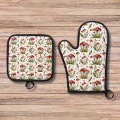 印刷モダンフローラカラフルキノコ 鍋つかみ&鍋敷きセット