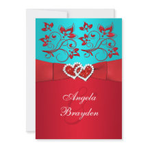 印刷リボンターコイズ赤フローラ結婚式の招待