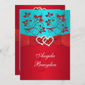 印刷リボンターコイズ赤フローラ結婚式の招待 招待状 (正面/裏面)