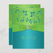 印刷リボンターコイズ、ライムフローラRSVPカード 出欠カード (正面/裏面)