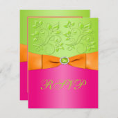 印刷リボンピンクオレンジライムフローラ返信カード 出欠カード (正面/裏面)