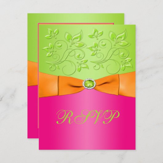 印刷リボンピンクオレンジライムフローラ返信カード 出欠カード (正面/裏面)