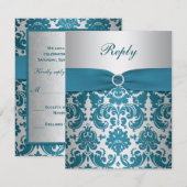 印刷リボン シルバー、ターコイズダマスク 返信カード (正面/裏面)