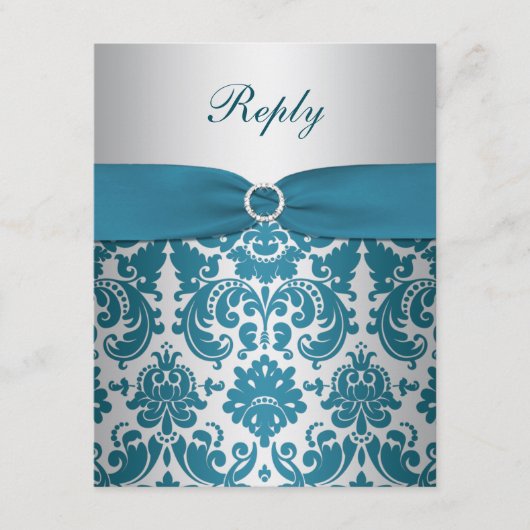 印刷リボン シルバー、ターコイズダマスク 返信カード (正面)