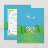 印刷リボン ブルーグリーン フローラル ハート 返信カード (正面/裏面)