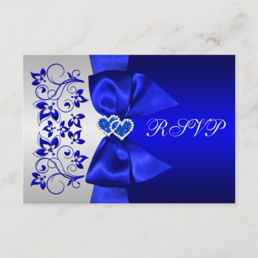 印刷リボン 青 銀の花模様 ウェディング 返信カード (正面)