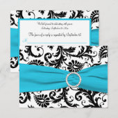 印刷リボン 黒 白 青 ダマスク 返信カード (正面/裏面)