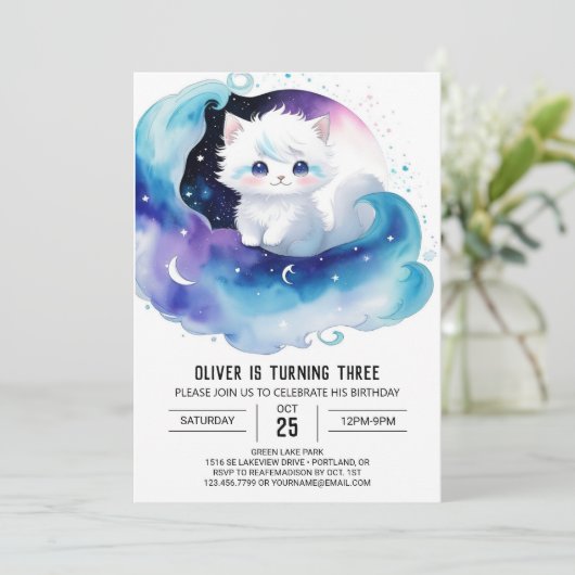 印刷可お洒落能子猫誕生日 招待状 (スタンド正面)