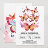 印刷可ガーリー能なバタフライガール誕生日 招待状 (正面/裏面)