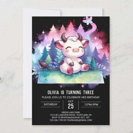 印刷可ガーリー能な牛誕生日 招待状 (正面)