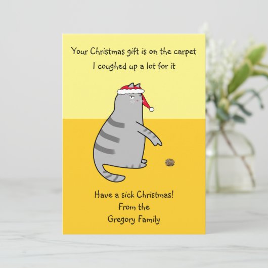 印刷可能おもしろいな猫が病気のクリスマスを咳き込んだ シーズンカード (スタンド正面)