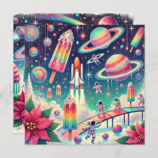 印刷可能お洒落な宇宙ポインセチアのスクラップブック 招待状 (正面/裏面)