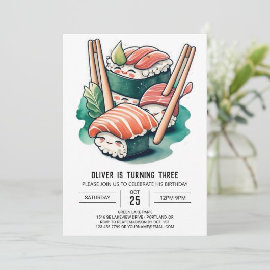 印刷可能すしナイト誕生日 招待状 (スタンド正面)