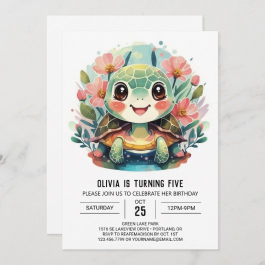 印刷可能なおもしろいタートルガール誕生日 招待状 (正面/裏面)