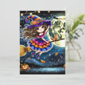 印刷可能なお洒落可愛い飛んでいる魔女ハロウィン 招待状 (スタンド正面)