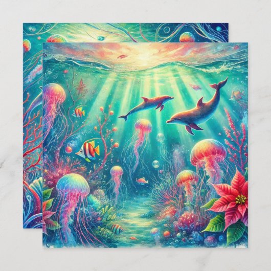 印刷可能なお洒落海ポインセチア解体書 招待状 (正面/裏面)