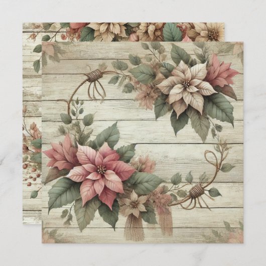 印刷可能なみすぼらしいシックなポインセチアのガーランドスクラップブック 招待状 (正面/裏面)