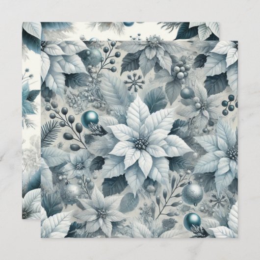 印刷可能なアイスブルーとホワイトポインセチアのスクラップブック 招待状 (正面/裏面)