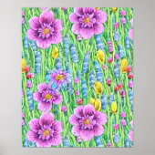 印刷可能なシームレスな花絵を描水色 ポスター (正面)