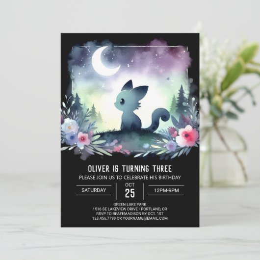 印刷可能なスイートキャット誕生日 招待状 (スタンド正面)