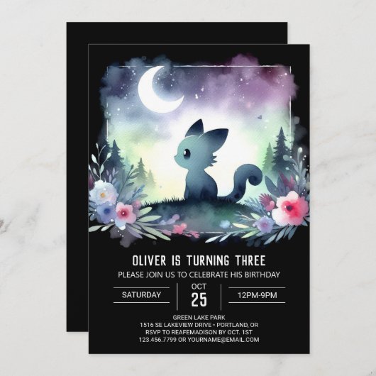 印刷可能なスイートキャット誕生日 招待状 (正面/裏面)