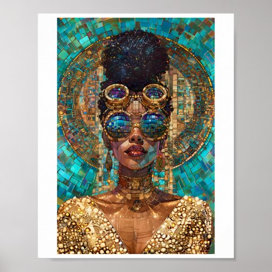 印刷可能なダークスキン金ゴールド女性フェイクモザイク062 ポスター (正面)