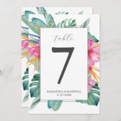 印刷可能なテーブル番号ピンクの熱帯花模様 招待状 (正面/裏面)