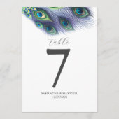 印刷可能なテーブル番号水色の孔雀の羽 招待状 (裏面)